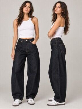&DENIM Barrel Jeans Womens Size 2 Dark Wash High Rise Loose Fit Cotton Casual
